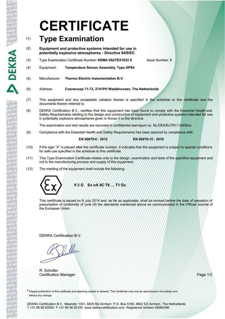 EC-Type examination certificate KEMA 05ATEX1033 X ISSUE 3
