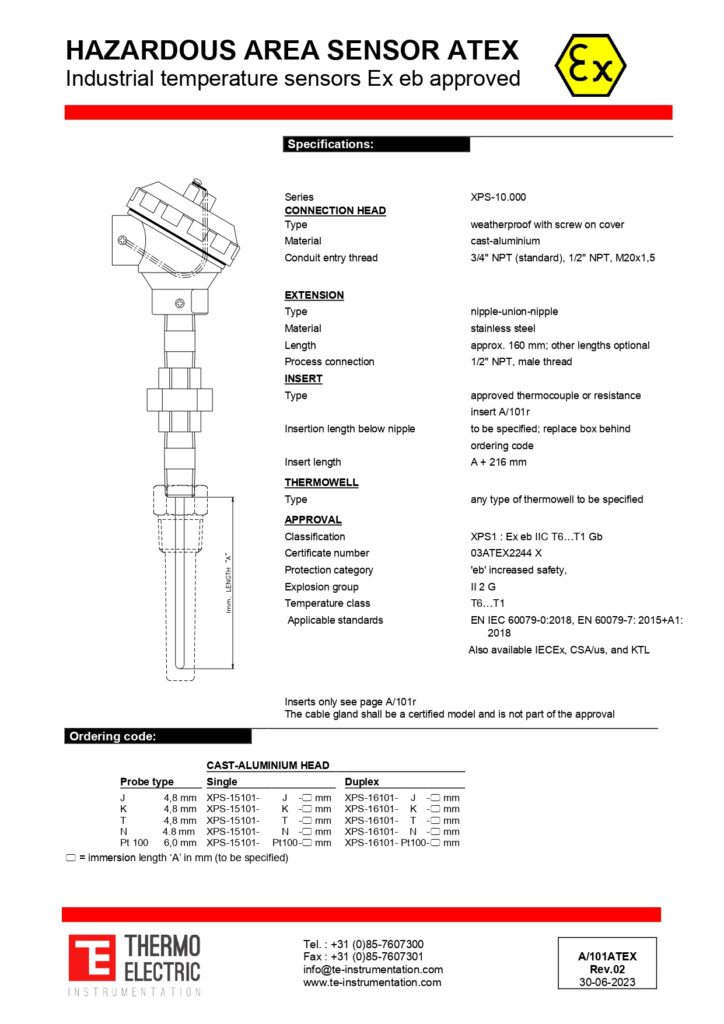 A101 Hazardous Area Sensor ATEX Industrial Temperature Sensors Ex eb Approved