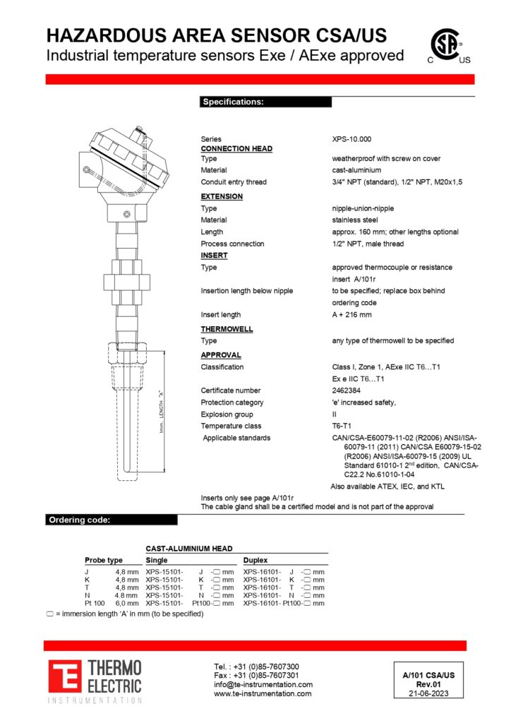 A101 Hazardous Area Sensor CSA/US Industrial Temperature Sensors Exe / AExe Approved