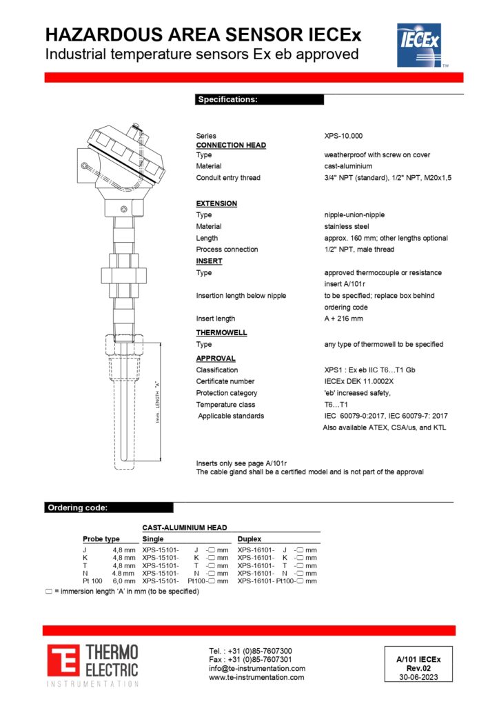 A101 Hazardous Area Sensor IECEx Industrial Temperature Sensors Ex eb Approved