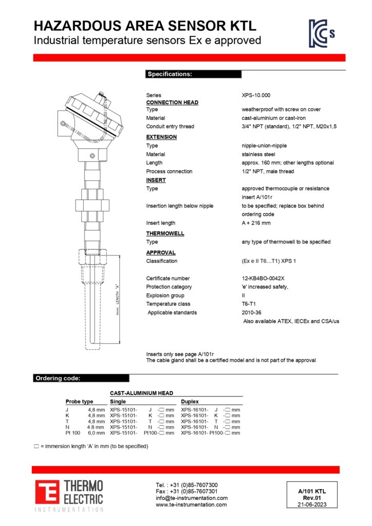 A101 Hazardous Area Sensor KTL Industrial Temperature Sensors Ex e Approved