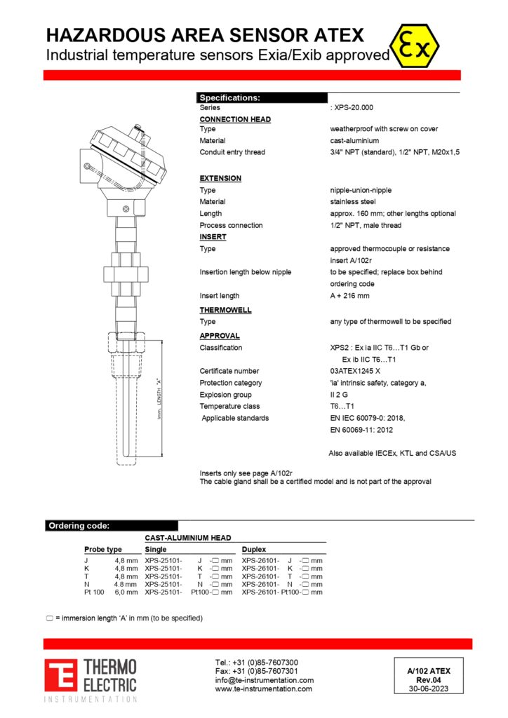 A102 Hazardous Area Sensor ATEX Exia/Exib Approved