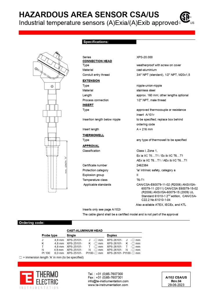 A102 Hazardous Area Sensor CSA/US (A)Exia/(A)Exib Approved