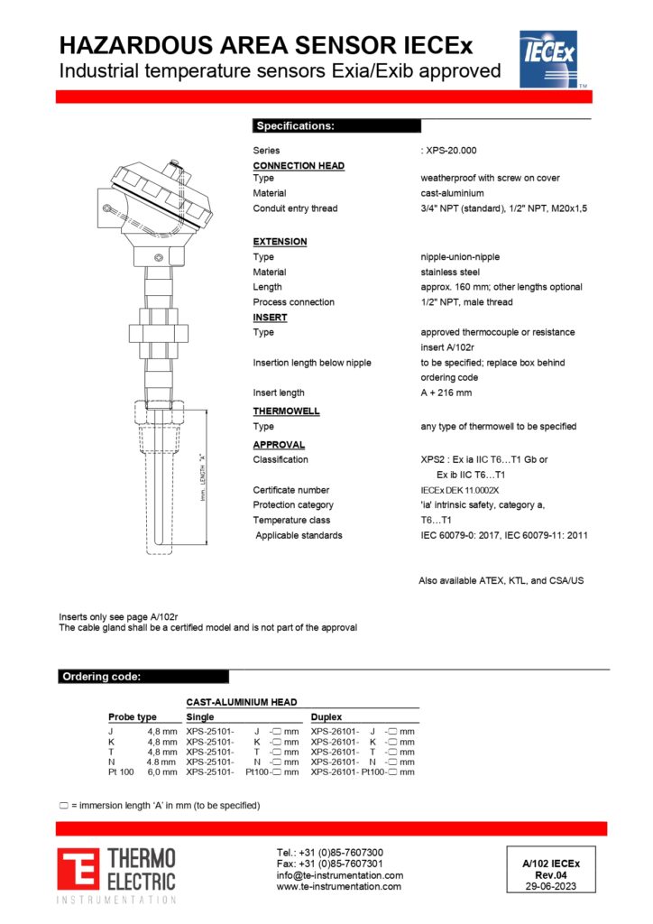 A102 Hazardous Area Sensor IECEx Exia/Exib Approved