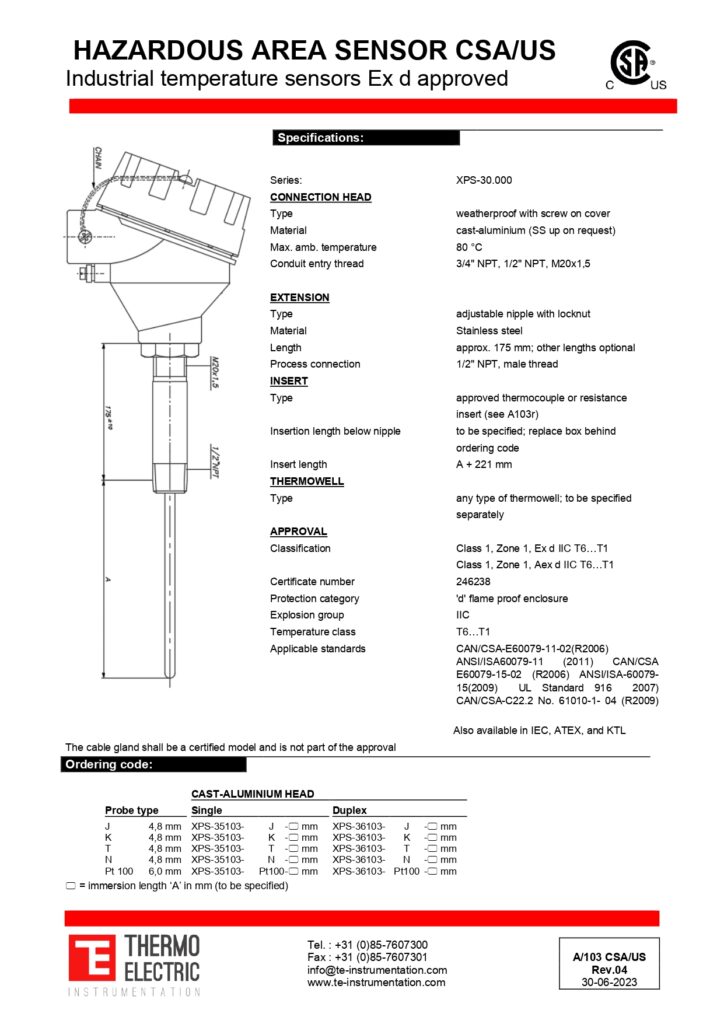 A103 Hazardous Area Sensor CSA/US Ex d Approved