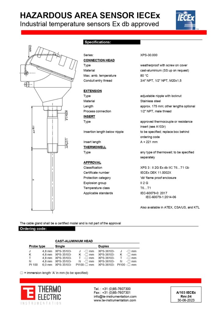 A103 Hazardous Area Sensor IECEx Ex db Approved