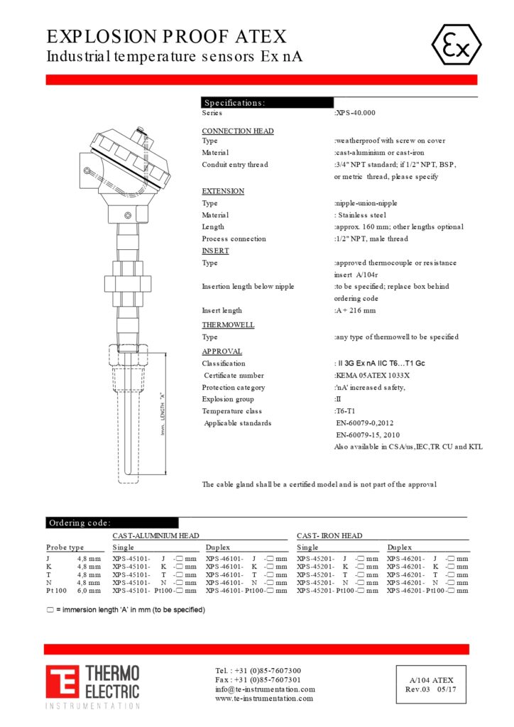 A104 Hazardous Area Sensor ATEX Ex ec Approved