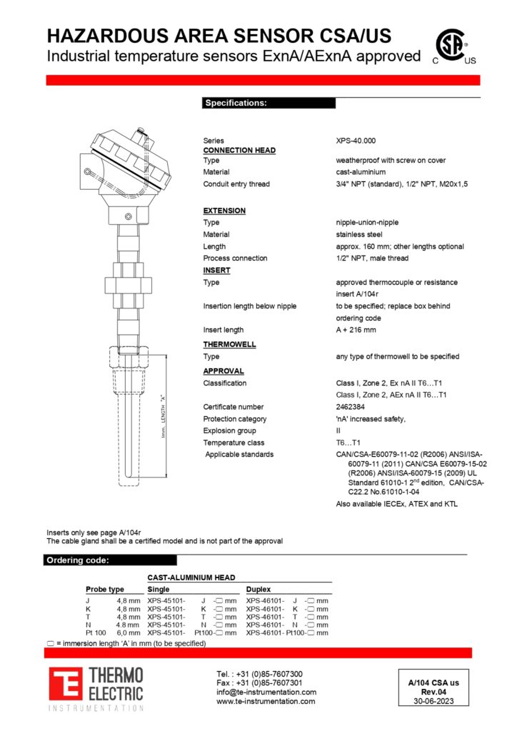 A104 Hazardous Area Sensor CSA/US ExnA/AExnA Approved