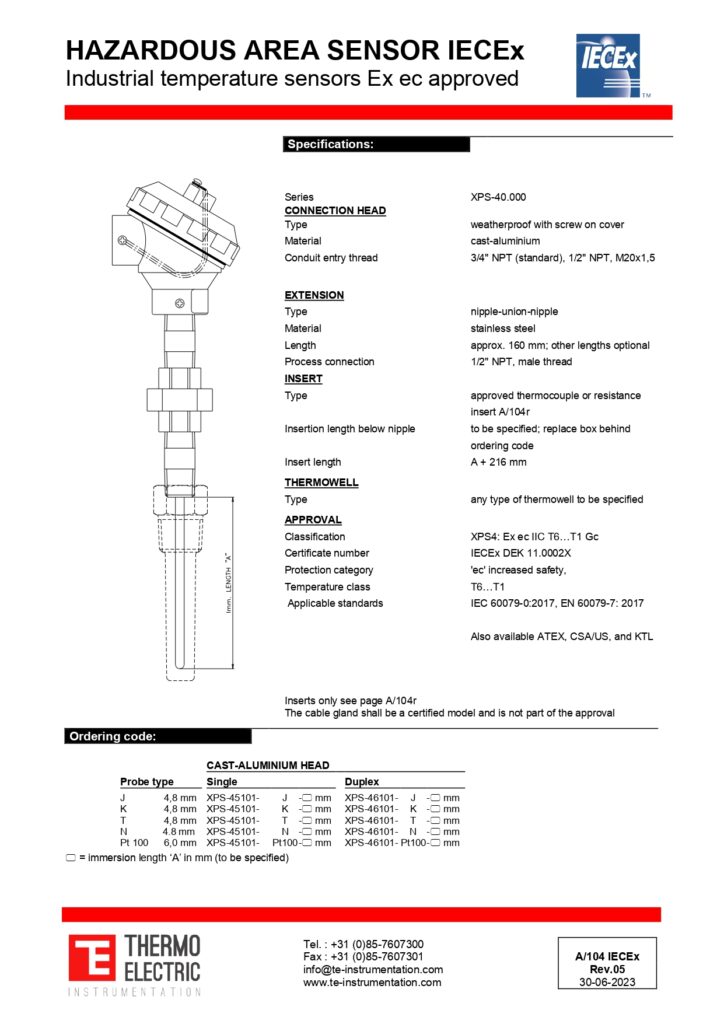 A104 Hazardous Area Sensor IECEx Ex ec Approved