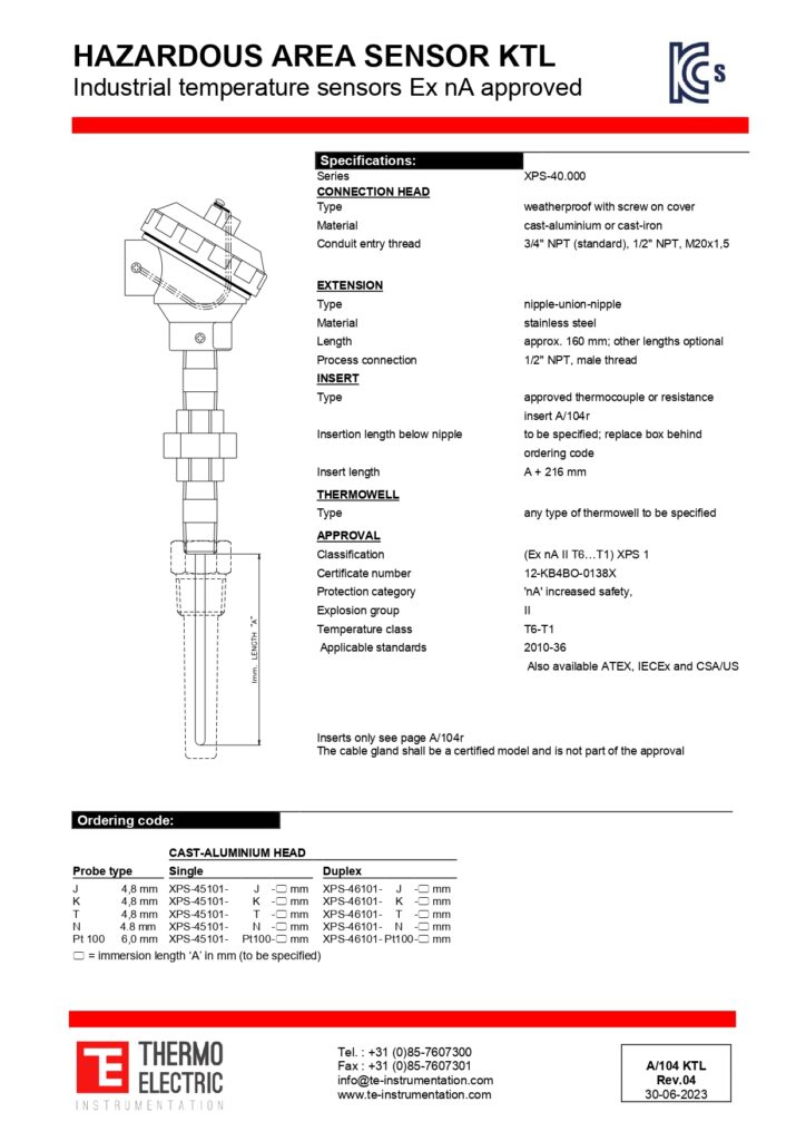 A104 Hazardous Area Sensor KTL Ex nA Approved