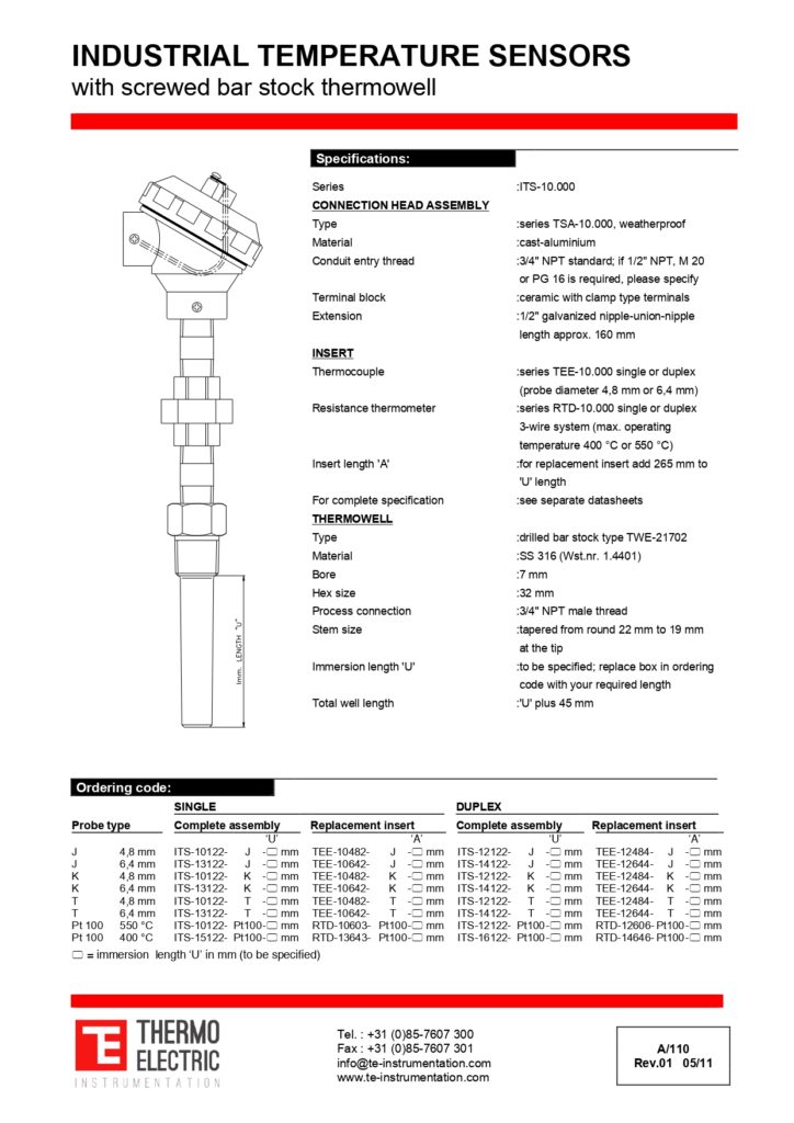 A110 Industrial Temperature Sensors with Screwed Bar Stock Thermowell