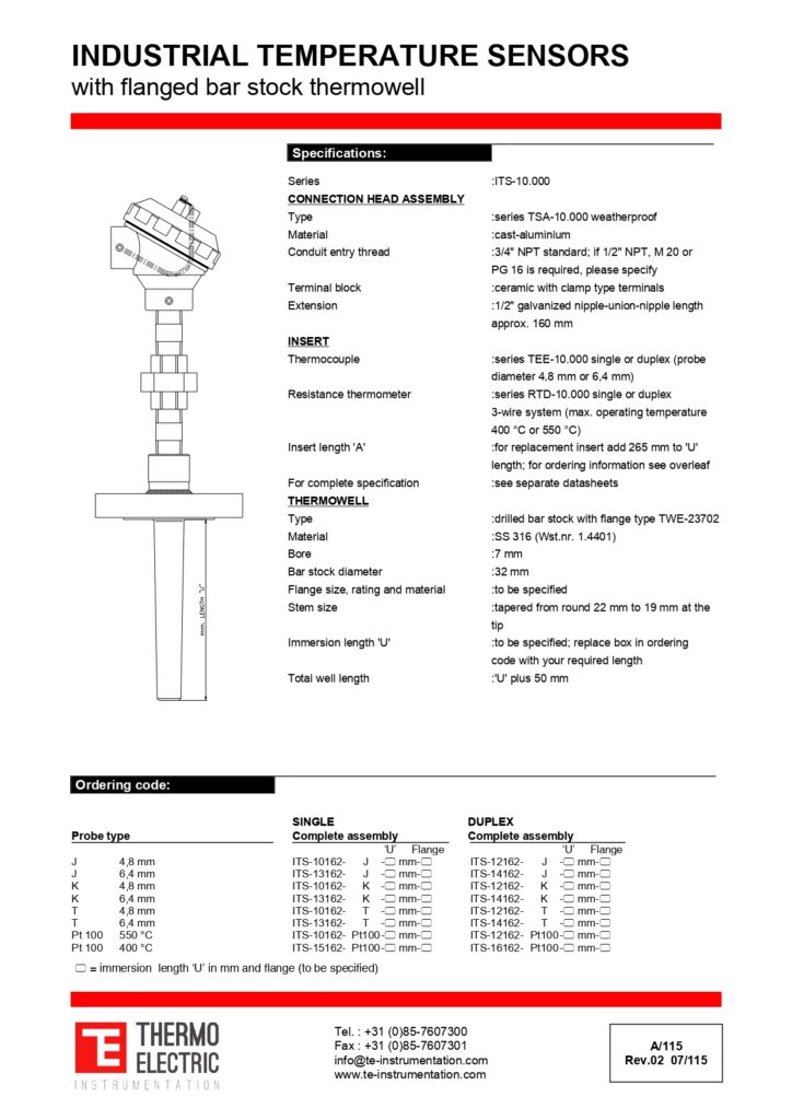 A115 Industrial Temperature Sensors with Flanged Bar Stock Thermowell