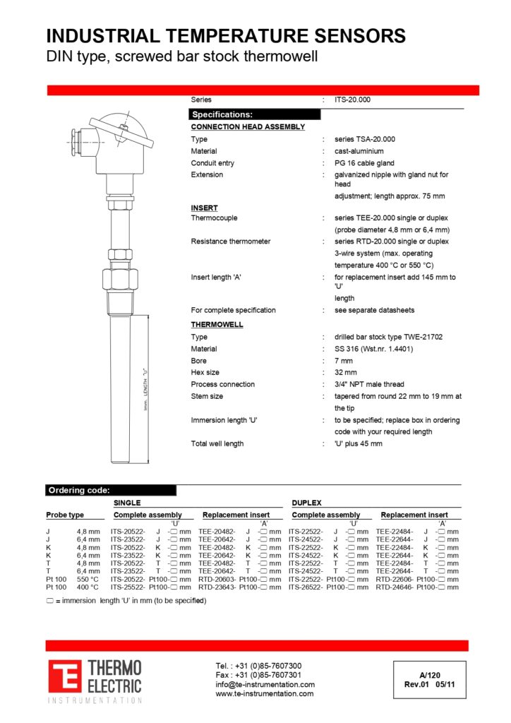 A120 Industrial Temperature Sensors DIN Type Screwed Bar Stock Thermowell