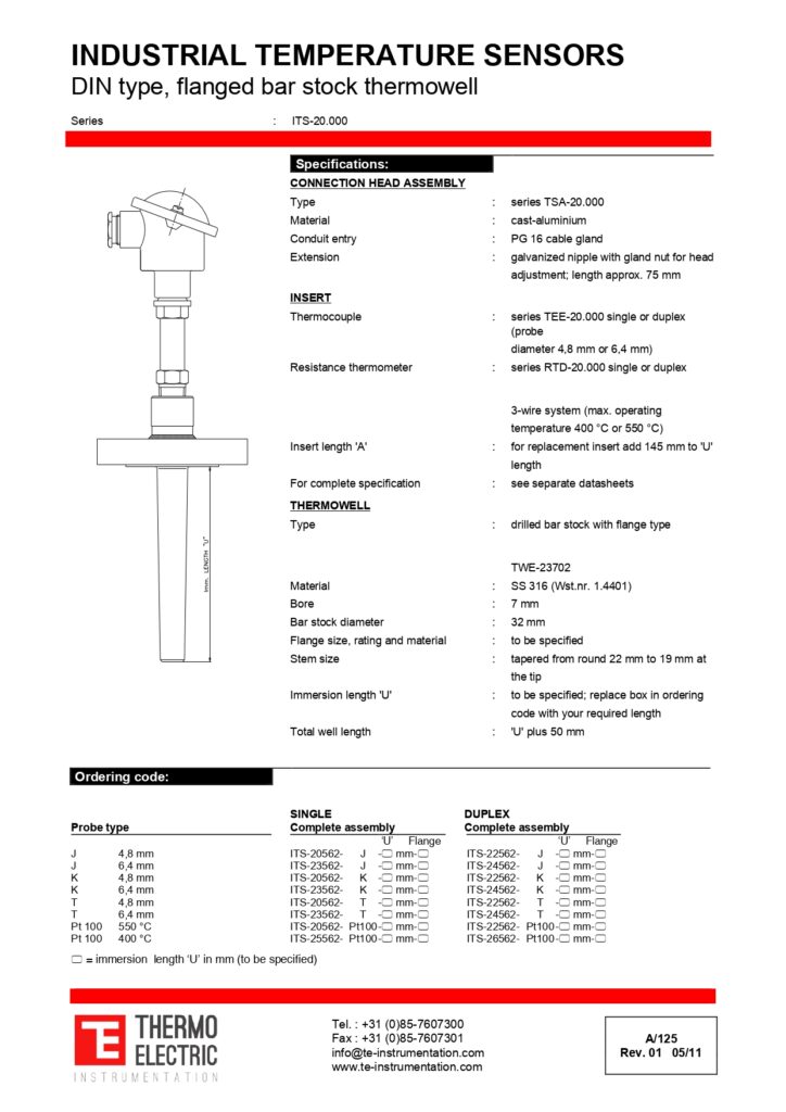 A125 Industrial Temperature Sensors DIN Type Flanged Bar Stock Thermowell