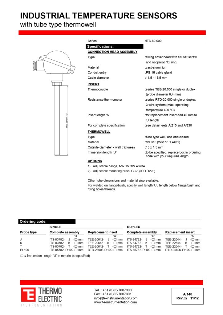 A140 Industrial Temperature Sensors with Tube Type Thermowell