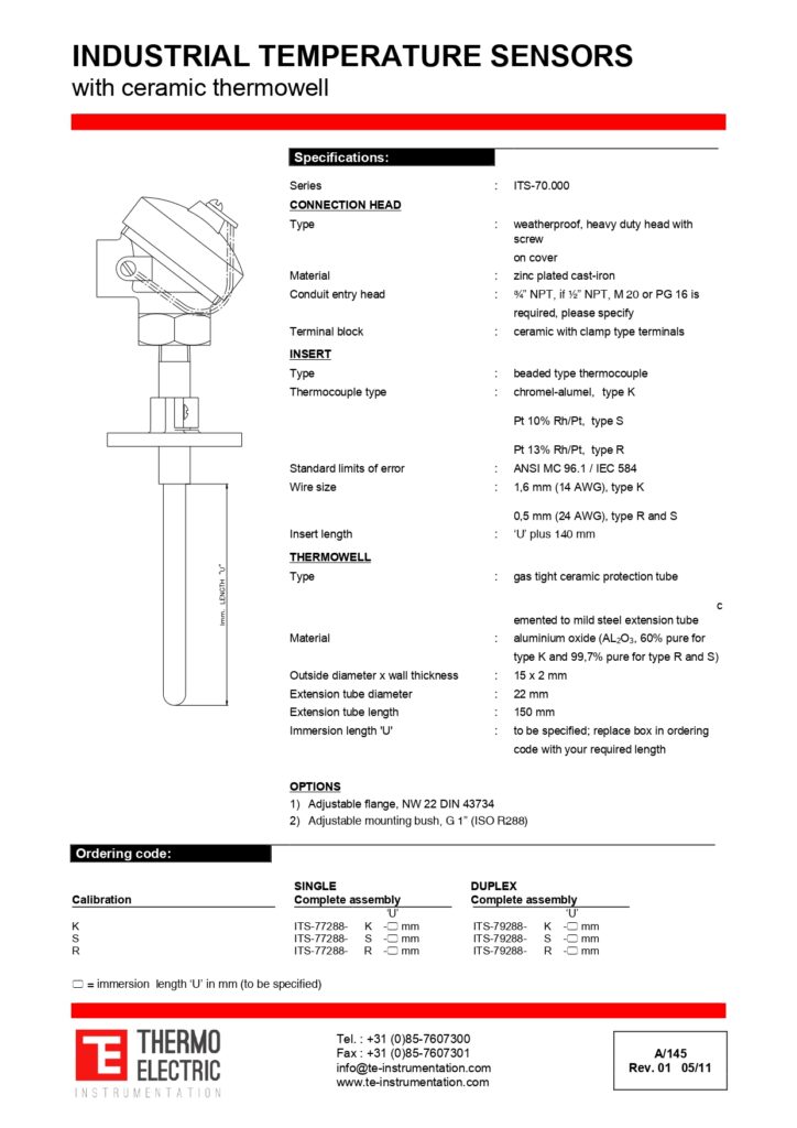 A145 Industrial Temperature sensors with Ceramic thermowell