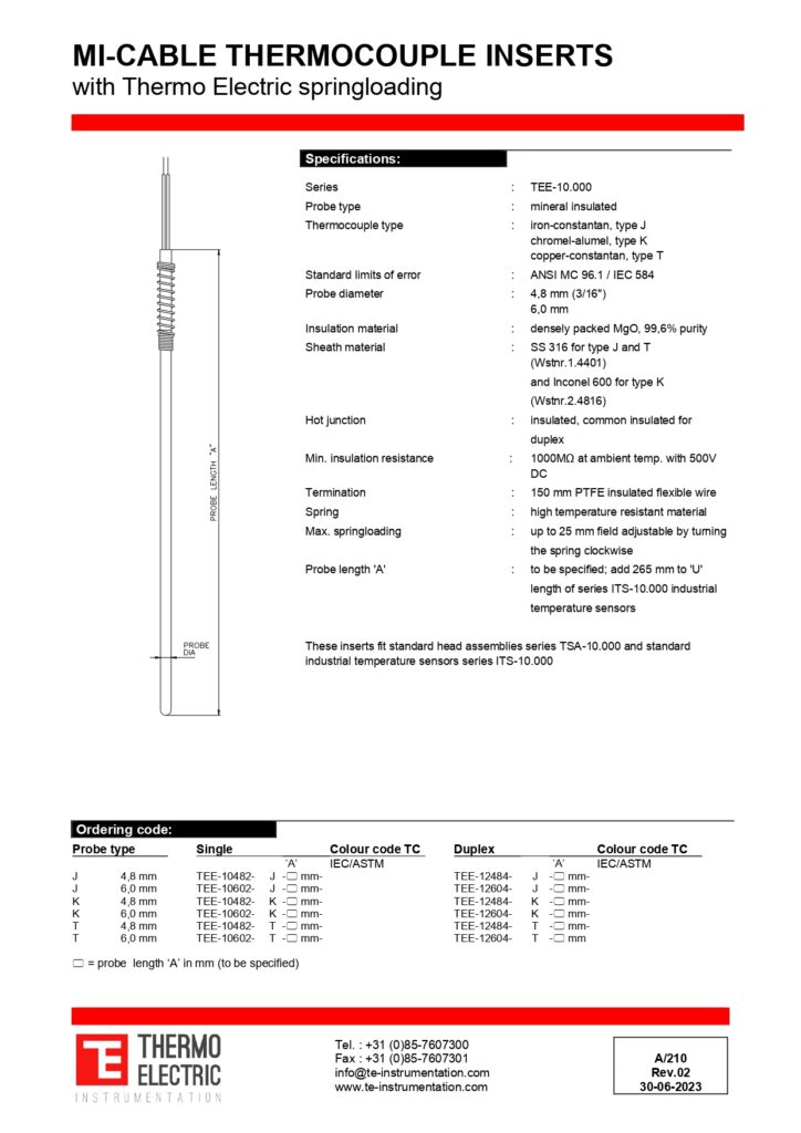 A210 MI-Cable Thermocouple Inserts with Thermo Electric Spring-loading