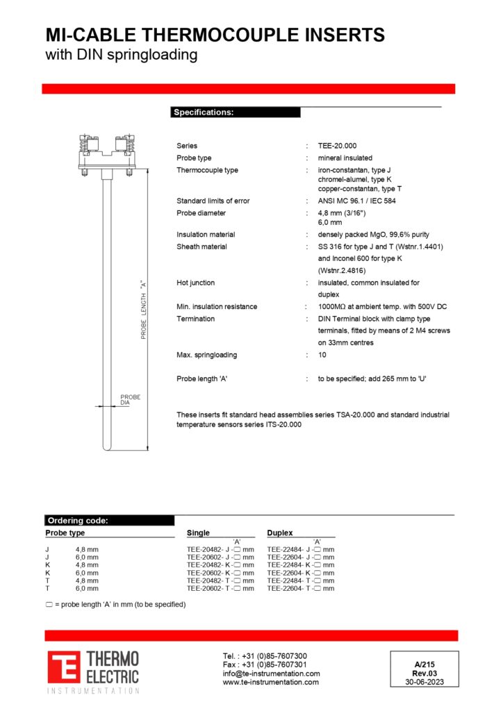 A215 MI-Cable Thermocouple Inserts with DIN Spring-loading