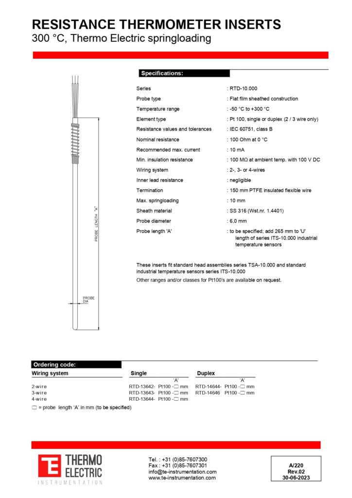 A220 Resistance Thermometer Inserts 300 °C Thermo Electric Spring-loading