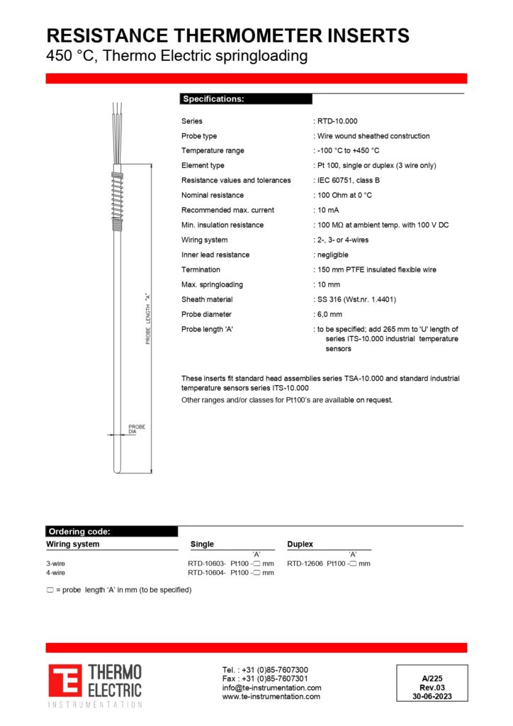 A225 Resistance Thermometer Inserts 450 °C Thermo Electric Spring-loading