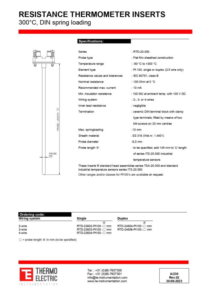 A230 Resistance Thermometer Inserts 300°C DIN Spring-loading