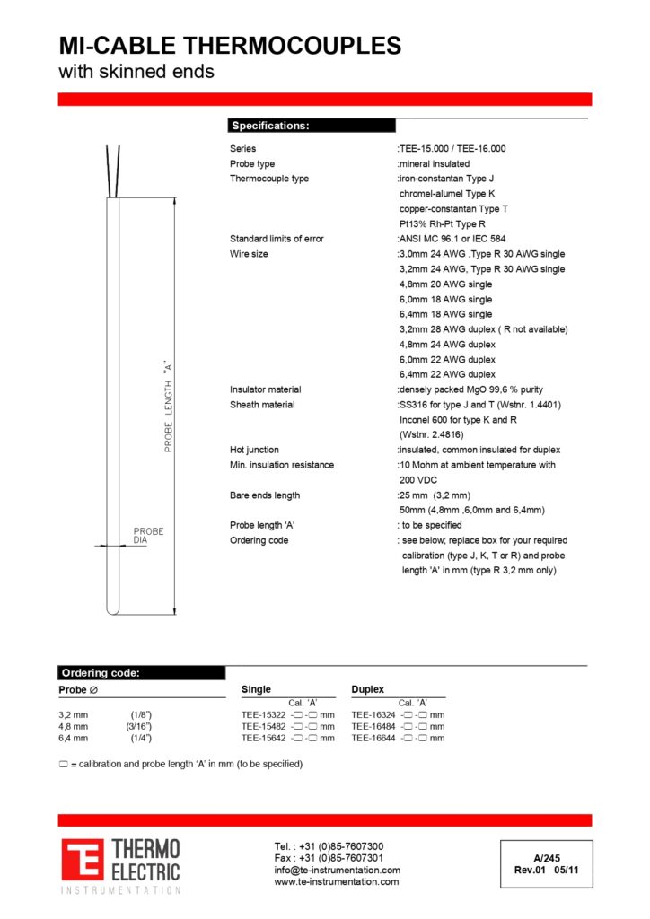 A245 MI-Cable Thermocouples with Skinned Ends