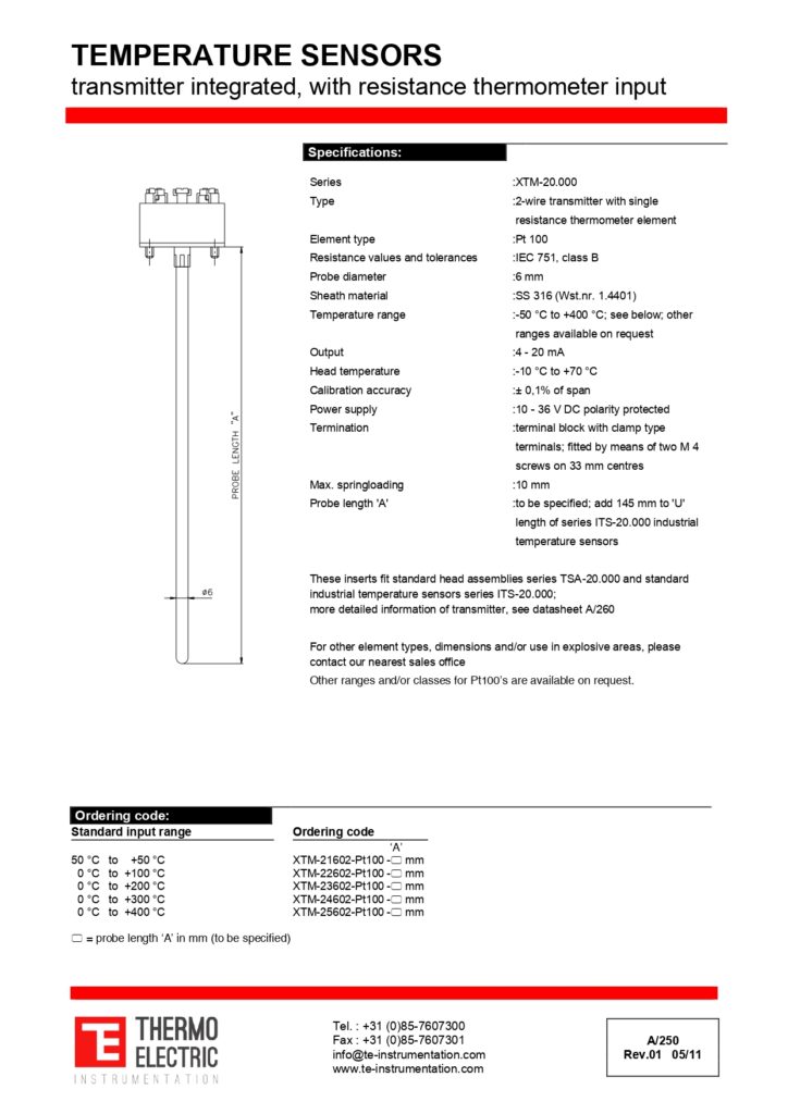 A250 Temperature Sensors Transmitter Integrated with Resistance Thermometer Input