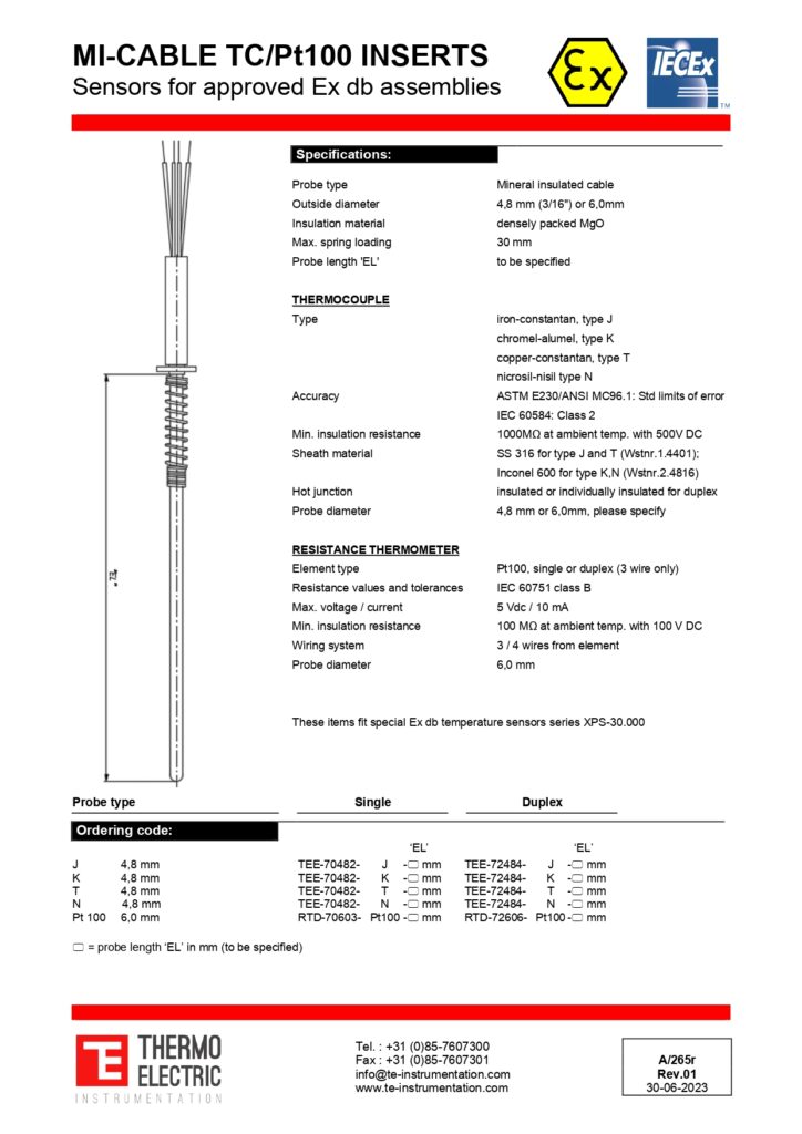 A265r MI-Cable TC / Pt100 Inserts Sensors for Approved Ex db Assemblies