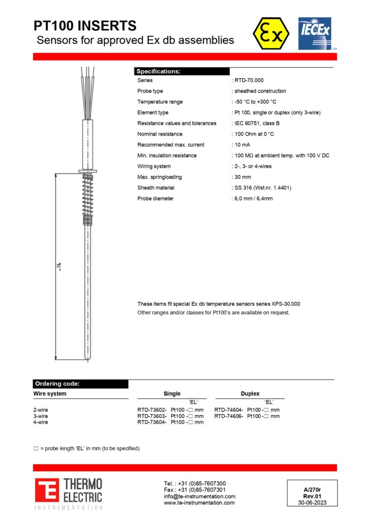 A270r Pt100 Inserts Sensors for Approved Ex db Assemblies