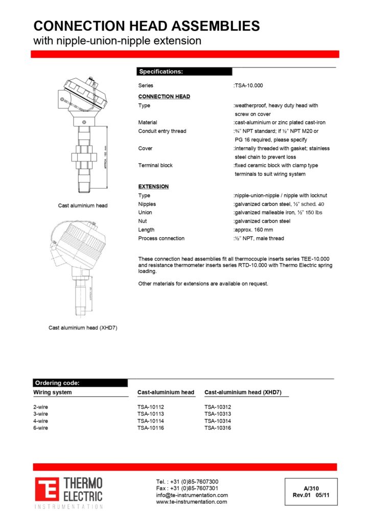 A310 Connection Head Assemblies with Nipple Union Nipple Extension