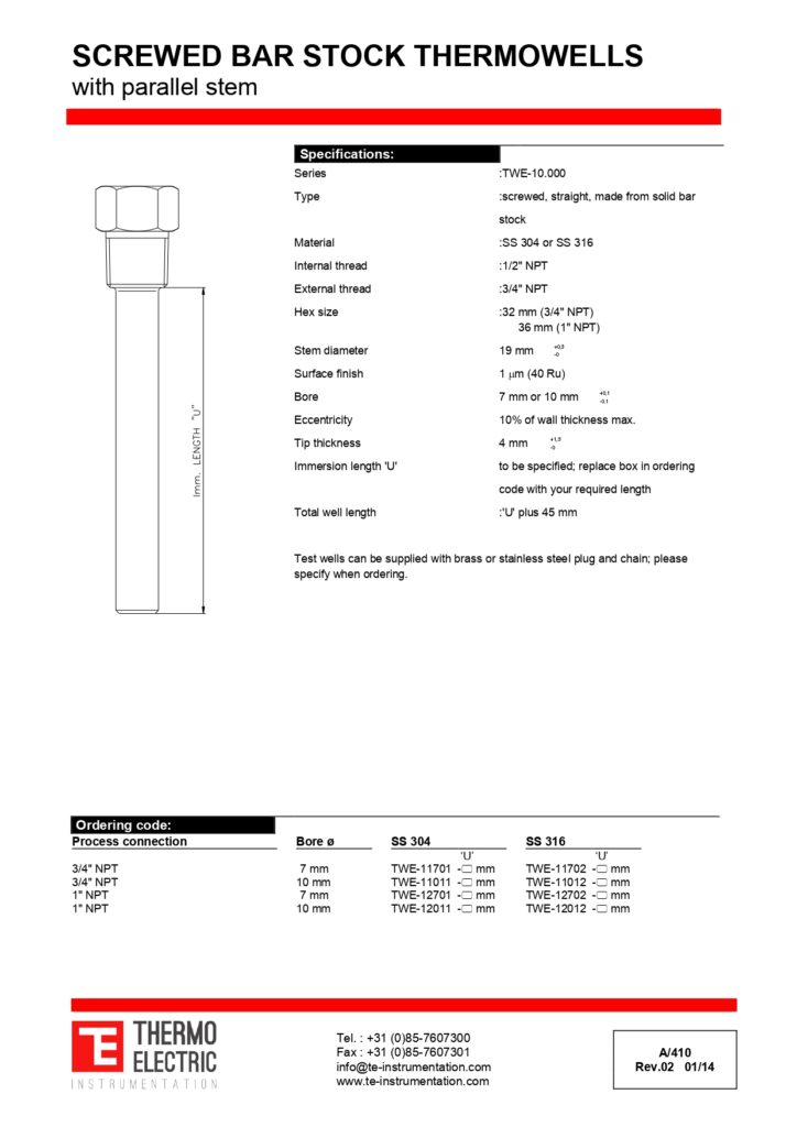 A410 Screwed Bar Stock Thermowells with Parallel Stem