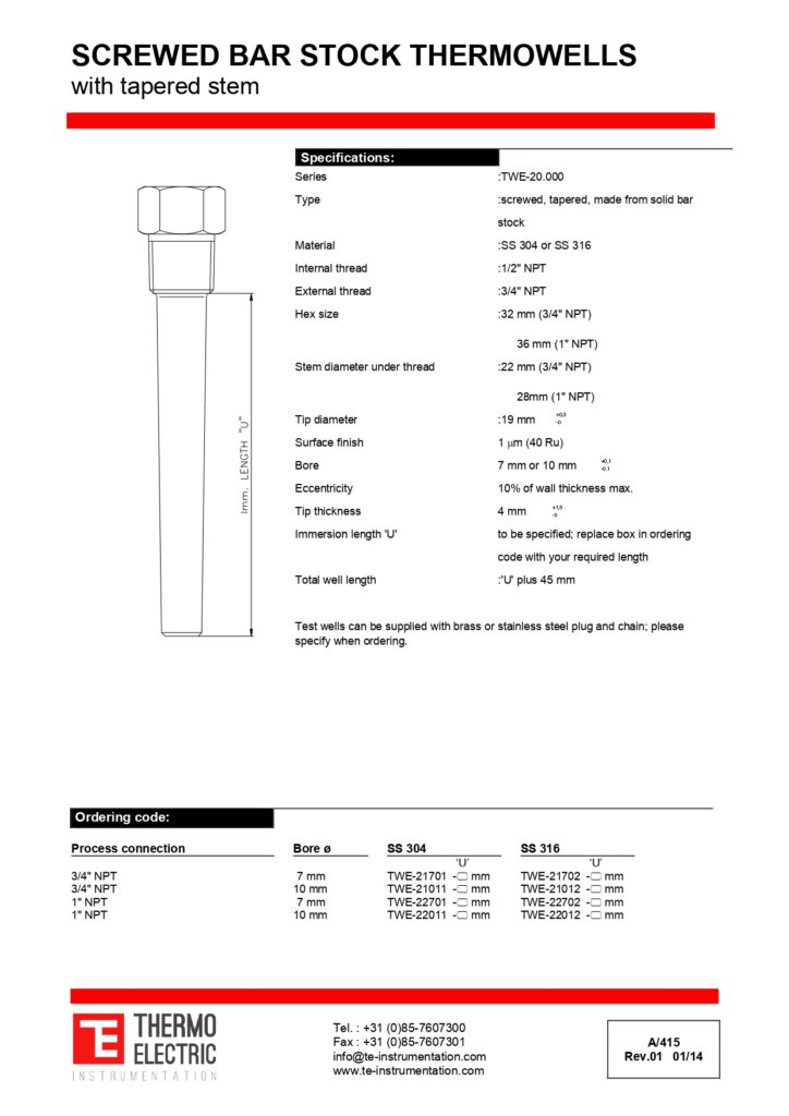 A415 Screwed Bar Stock Thermowells with Tapered Stem