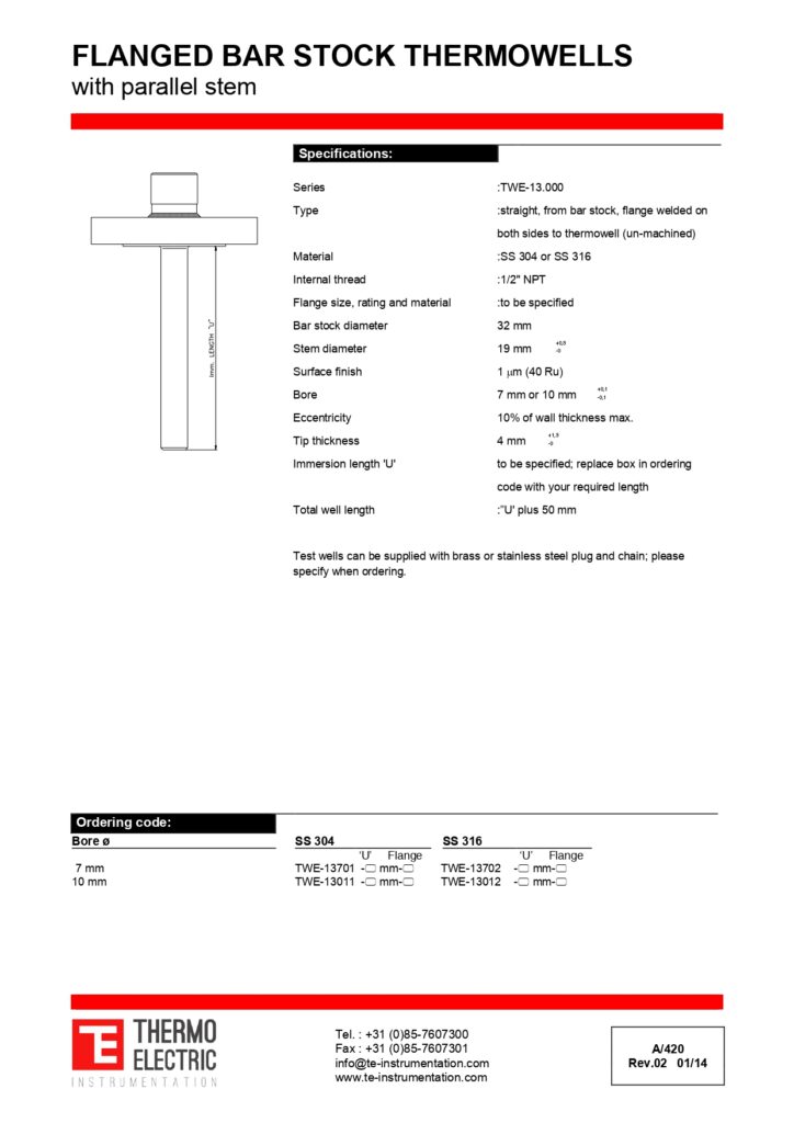 A420 Flanged Bar Stock Thermowells with Parallel Stem