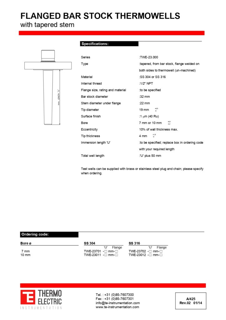 A425 Flanged Bar Stock Thermowells with Tapered Stem