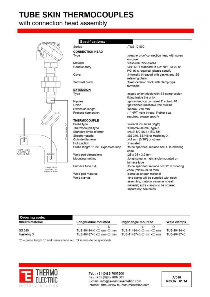 A510 Tube Skin Thermocouples with Connection Head Assembly