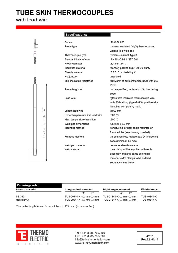 A515 Tube Skin Thermocouples with Lead Wire