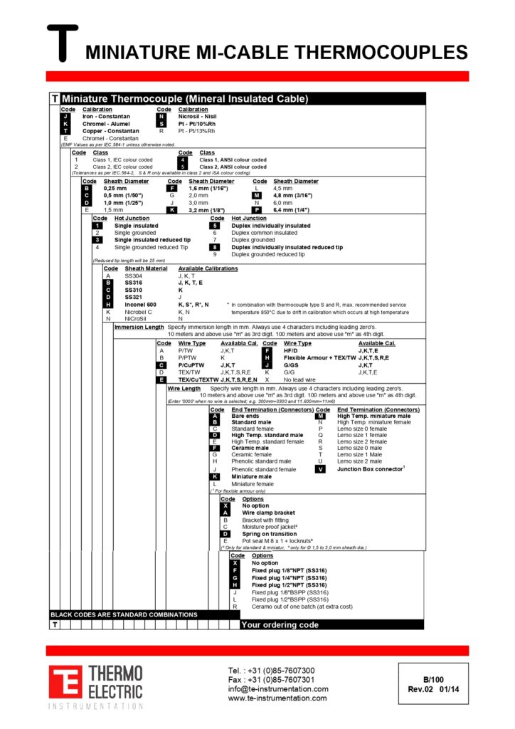 B100 Miniature Mi-Cable Thermocouples Custom Built