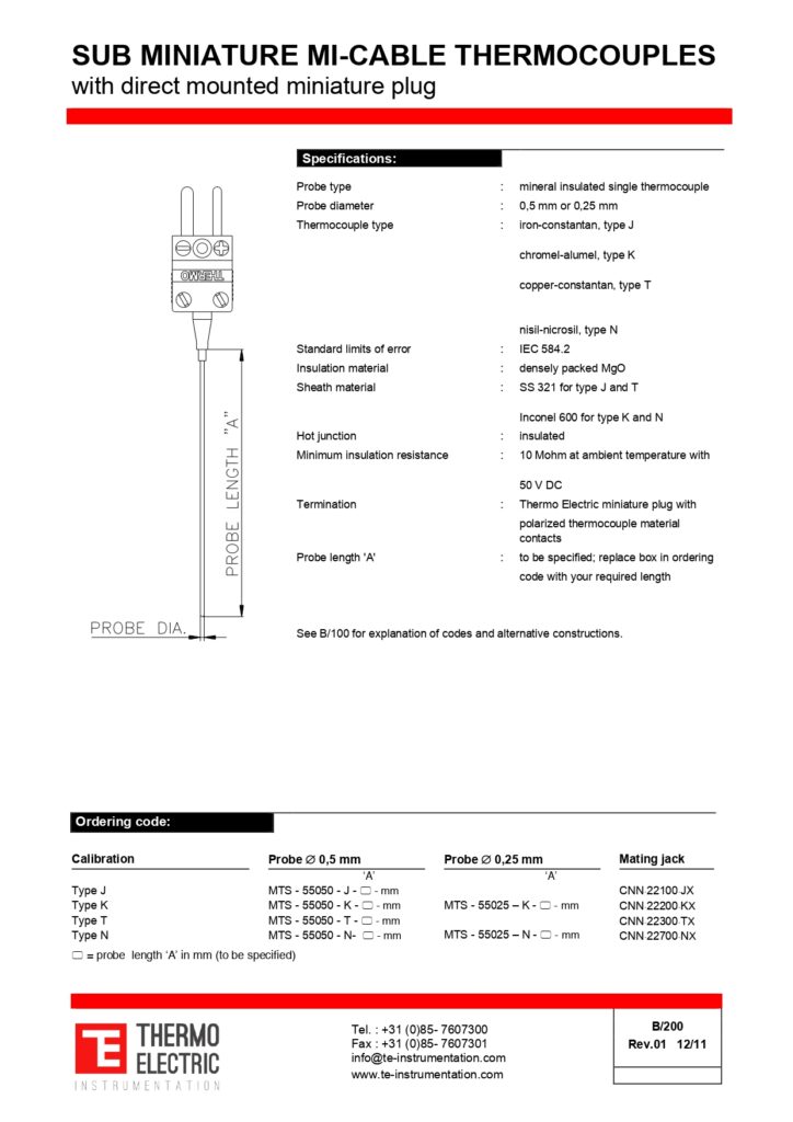 B200 Sub Miniature Mi-Cable Thermocouples Direct Mounted Miniature Plug