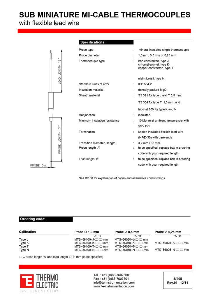 B205 Sub Miniature Mi-Cable Thermocouples Flexible Lead Wire