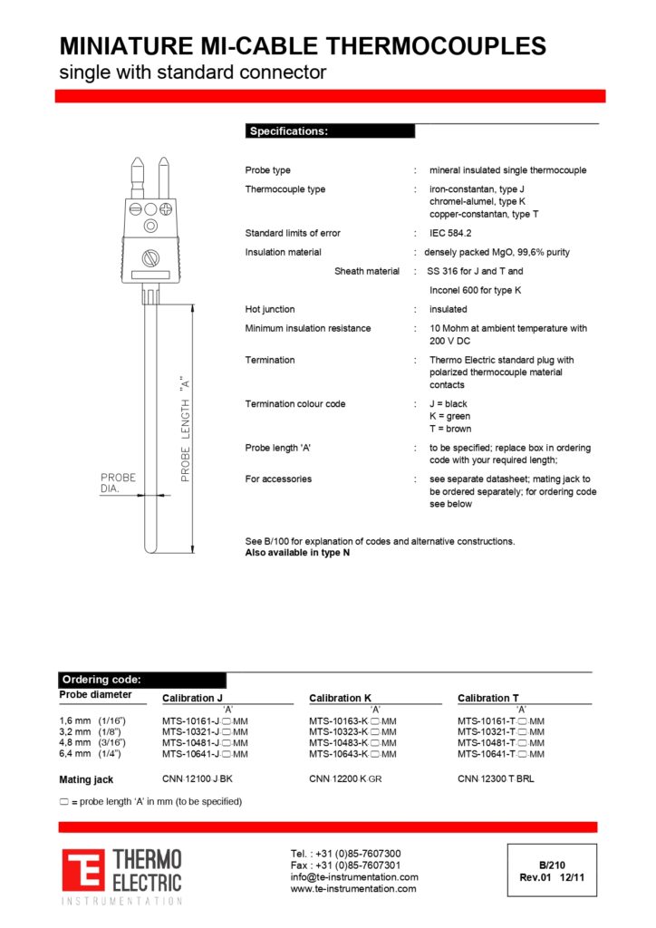 B210 Miniature Mi-Cable Thermocouples Single with Standard Connector