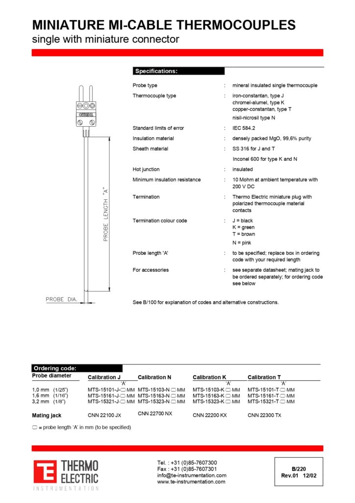 B220 Miniature Mi-Cable Thermocouples Single with Miniature Connector