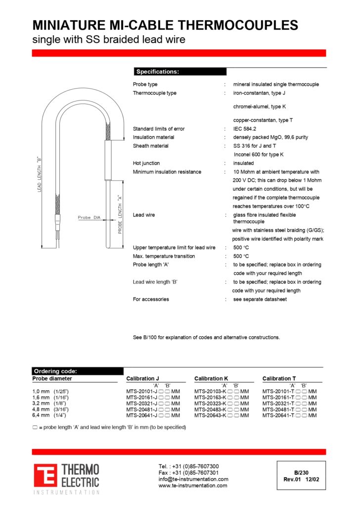 B230 Miniature Mi-Cable Thermocouples Single with SS Braided Lead Wire