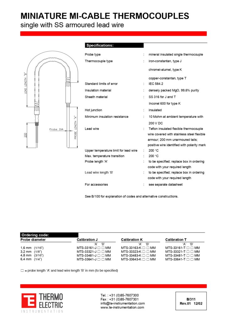 B311 Miniature Mi-Cable Thermocouples Single with SS Armoured Lead Wire