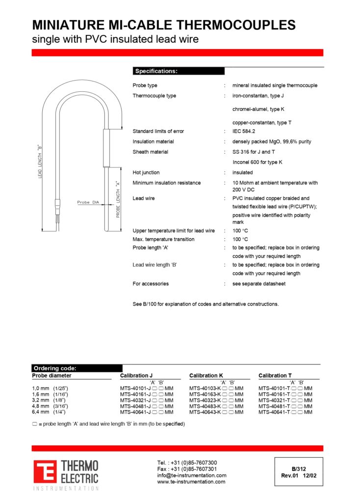 B312 Miniature Mi-Cable Thermocouples Single with PVC Insulated Lead Wire