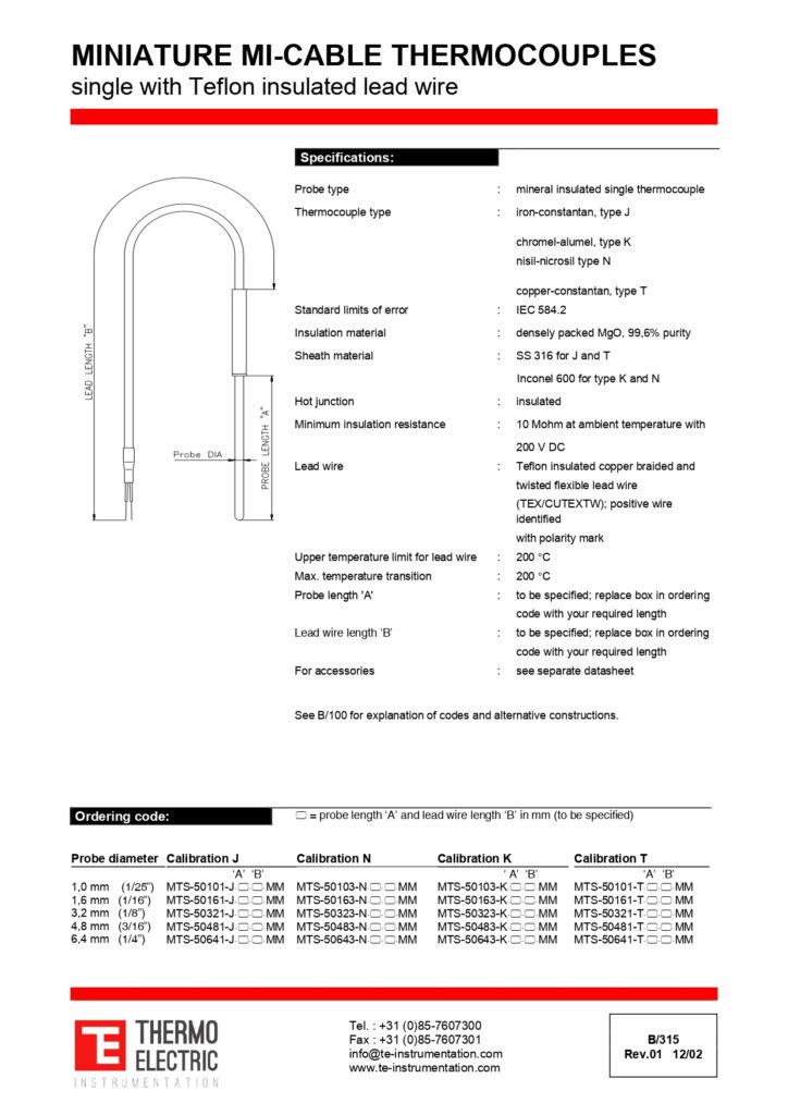 B410 Miniature Mi-Cable Thermocouples Single with Teflon Insulated Lead Wire