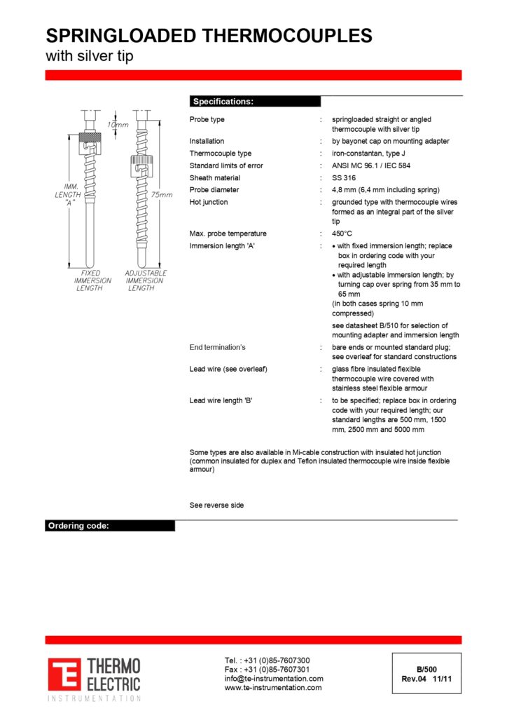 B500 Spring-Loaded Thermocouples with Silver Tip