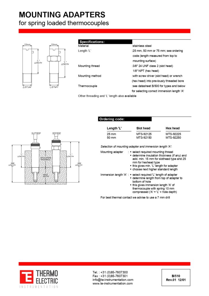 B510 Mounting Adapters for Spring-Loaded Thermocouples