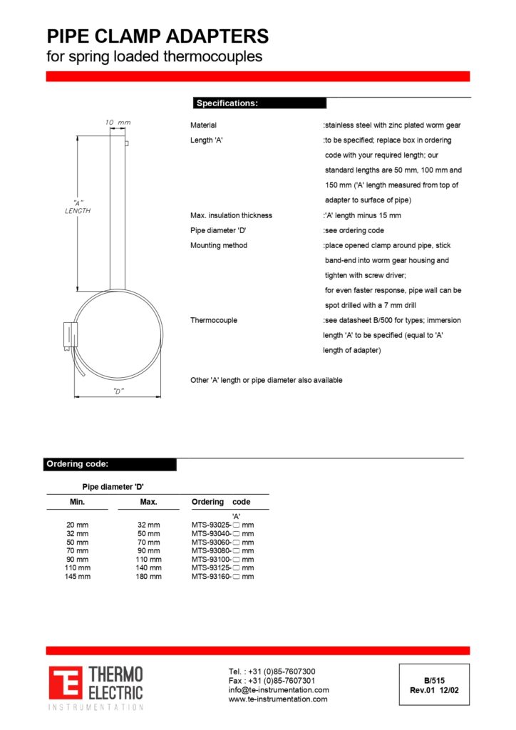 B515 Pipe Clamp Adapters for Spring-Loaded Thermocouples