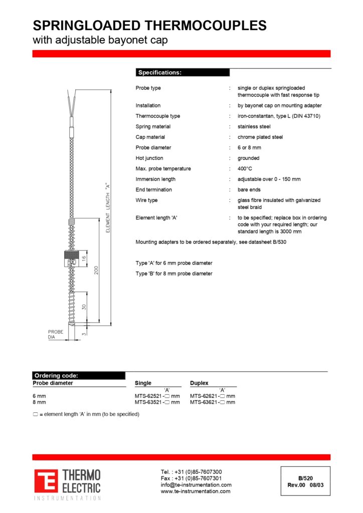 B520 Spring-Loaded Thermocouples with Adjustable Bayonet Cap