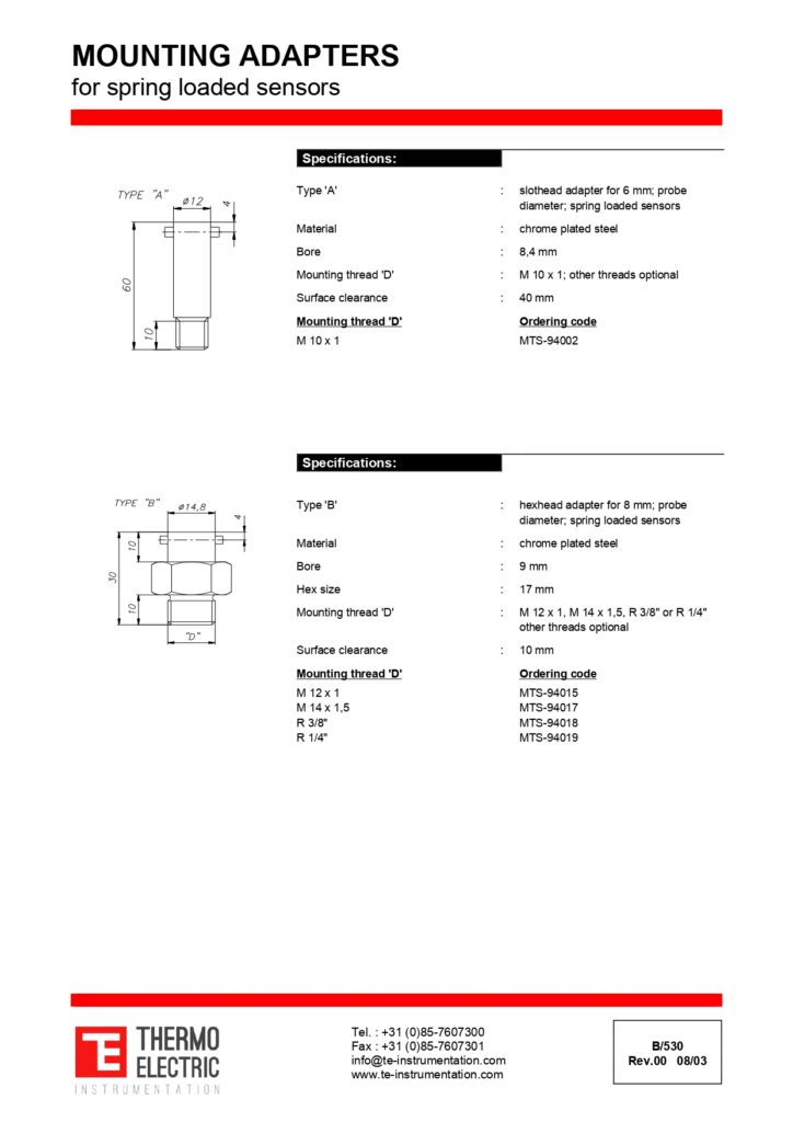 B530 Mounting Adapters for Spring-Loaded Sensors